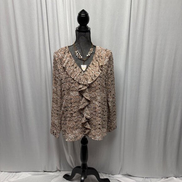 Calvin Klein Snake Print Ruffle Blouse Womens Sz Large Lightweight Long Sleeve - Picture 1 of 10